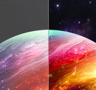 LG OLED evo AI G6, con Negro y Colores Perfectos con Antireflejante, muestra una escena planetaria dividida que contrasta negros más débiles a la izquierda con detalles más claros, negros más profundos y una expresión de color más vívida a la derecha.
